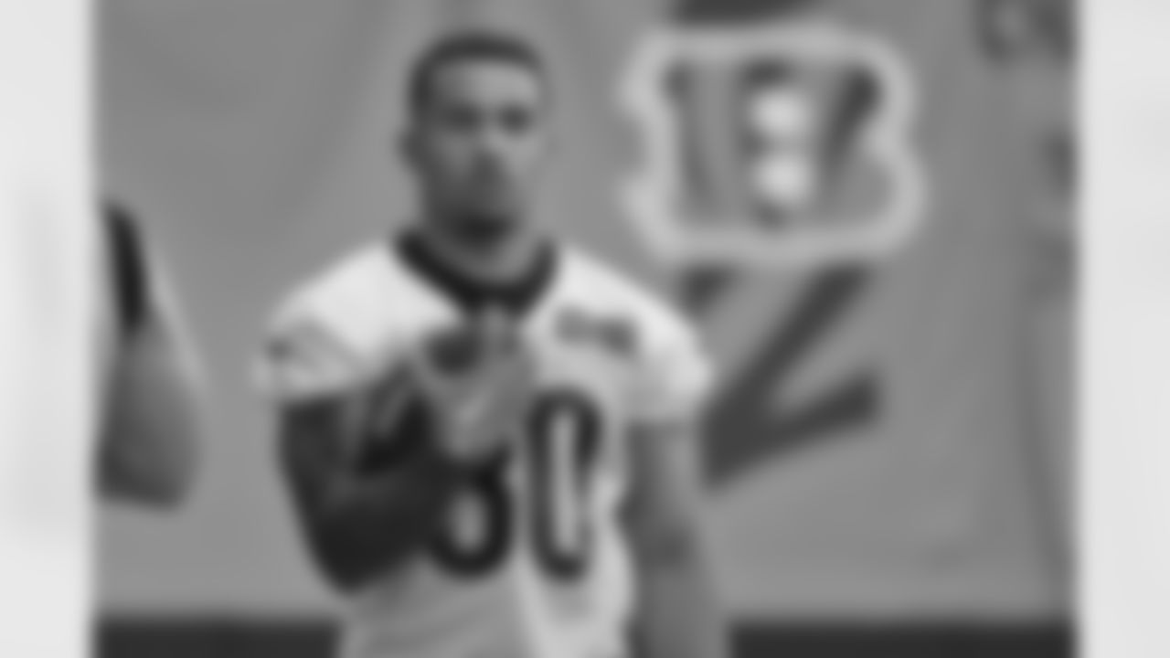 HB Chase Brown looks on during rookie mini camp at the IEL Practice Facility on Friday, May 12 2023 in Cincinnati, Ohio.
