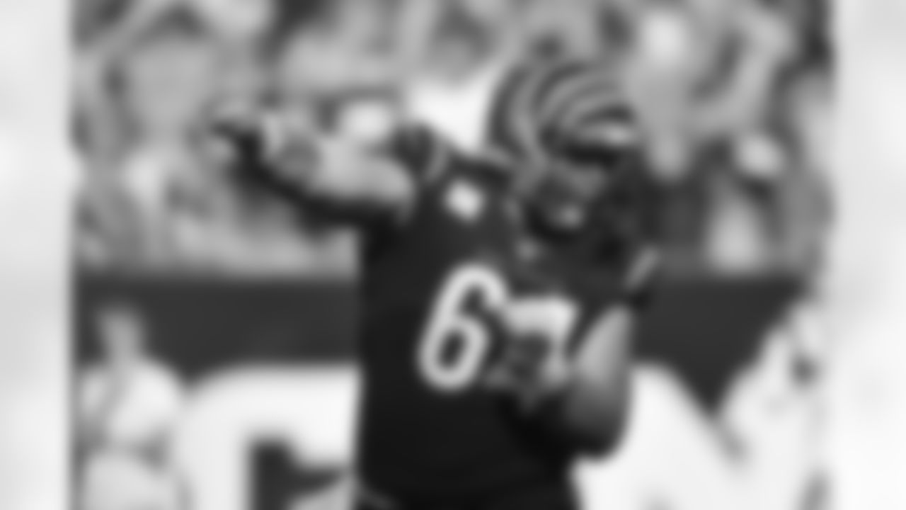 C Ted Karras celebrates a great play during the Bengals-Panthers game in Week 9 of the 2022 season.