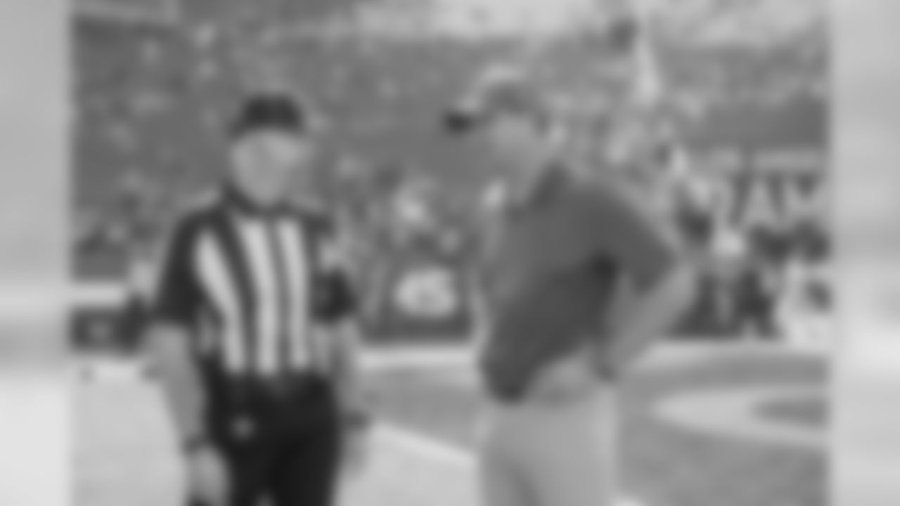 Quarterbacks coach Zac Taylor of the Los Angeles Rams speaks to an official before the Rams 36-31 victory over the Seahawks in an NFL Week 10 regular season football game, Sunday, November 11, 2018, in Los Angeles, CA. (Jeff Lewis/Rams)