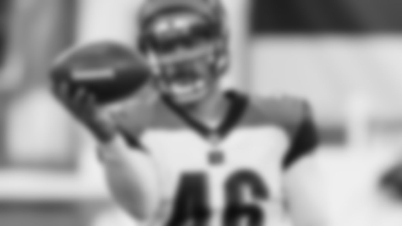 Cincinnati Bengals long snapper Clark Harris (46) warms up before playing the Cleveland Browns in an NFL football game, Thursday, Sept. 17, 2020, in Cleveland.