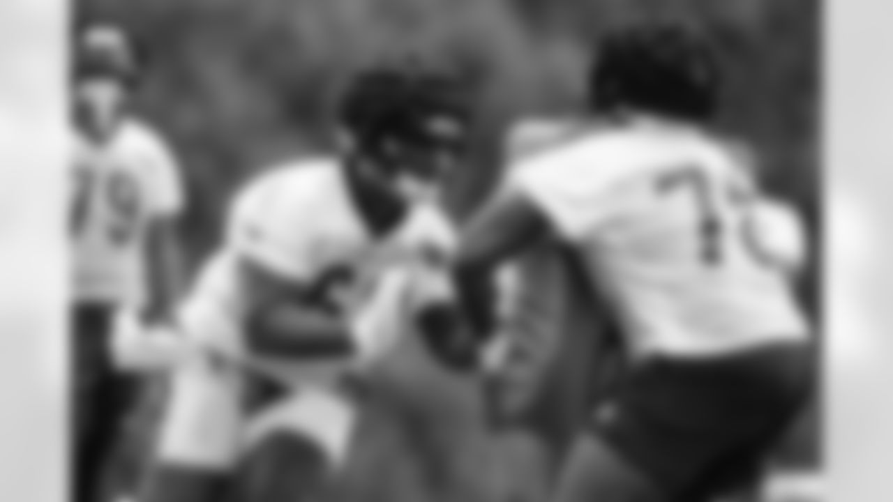 C Trey Hill (left) runs a drill with OT D'Ante Smith during day 2 of Training Camp 2023 at Kettering Health Practice Fields on Thursday, July 27 2023 in Cincinnati, Ohio.