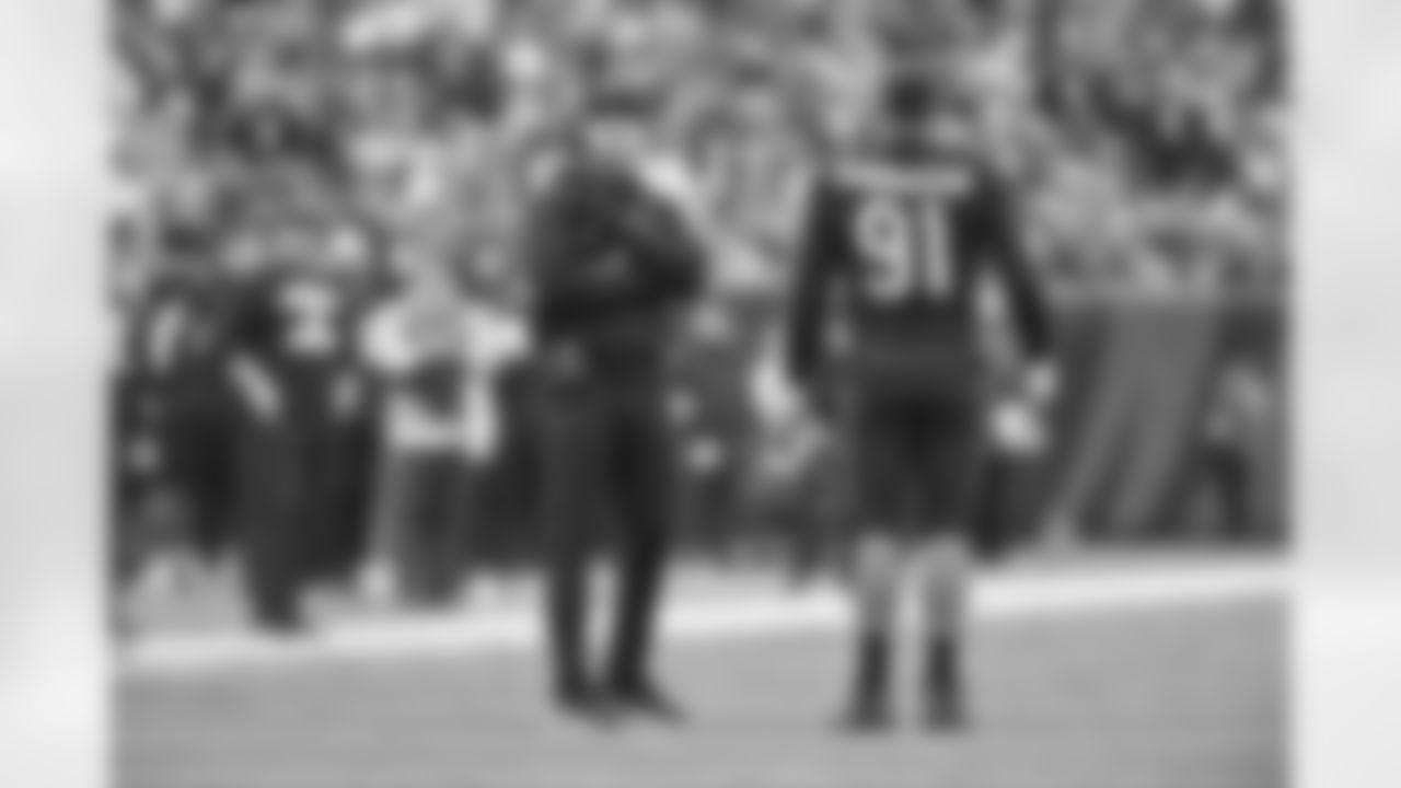 Head Coach Zac Taylor (left) stands with DE Trey Hendrickson during the second quarter of Week 18 against the Baltimore Ravens at Paycor Stadium in Cincinnati, Ohio on Sunday, January 8 2023.