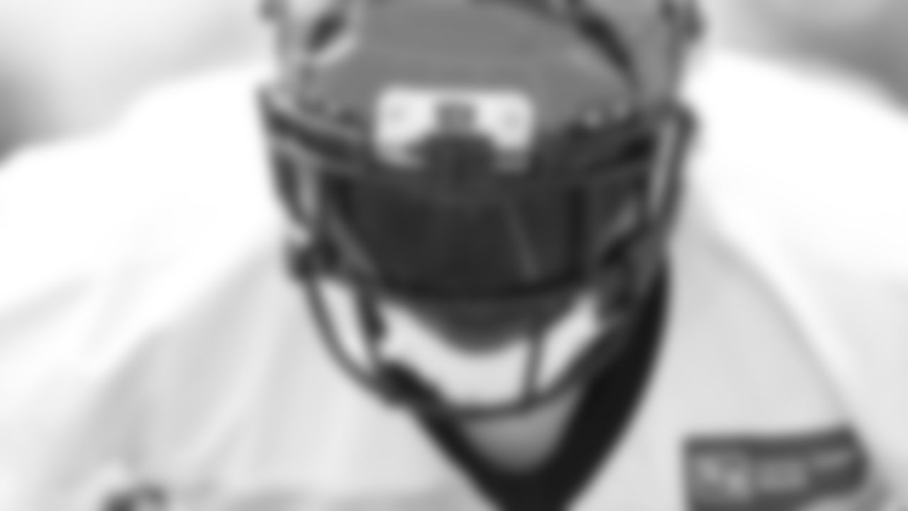 A close up look at OT Bobby Hart as he participates in drills at the team's first training camp practice.