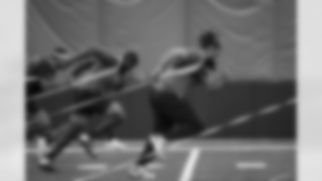 OT Cody Ford runs during offseason training at the IEL Practice Facility on Wednesday, April 26 2023 in Cincinnati, OH.
