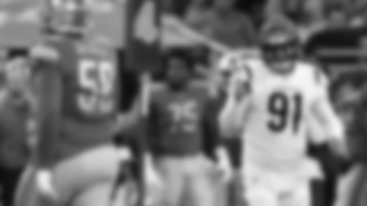 Defensive end Trey Hendrickson points after recording his second sack of the game against the Detroit Lions.