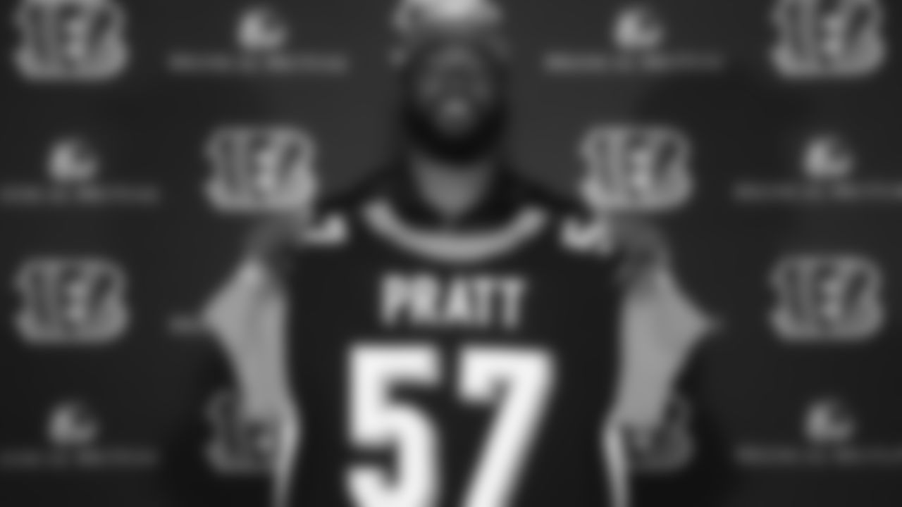 Cincinnati Bengals football third round NFL draft pick Germaine Pratt poses for a photograph with his player number during a news conference at Paul Brown Stadium, Saturday, April 27, 2019, in Cincinnati. (AP Photo/John Minchillo)