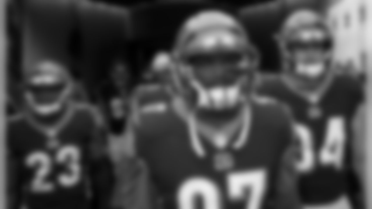 Cincinnati defensive tackle Geno Atkins (97), cornerback Darius Phillips (23), and defensive end Sam Hubbard (94) stand in the tunnel before an NFL football game against Tampa Bay in Cincinnati, Oh, Sunday, Oct. 28, 2018. (AP Photo/Bryan Woolston)