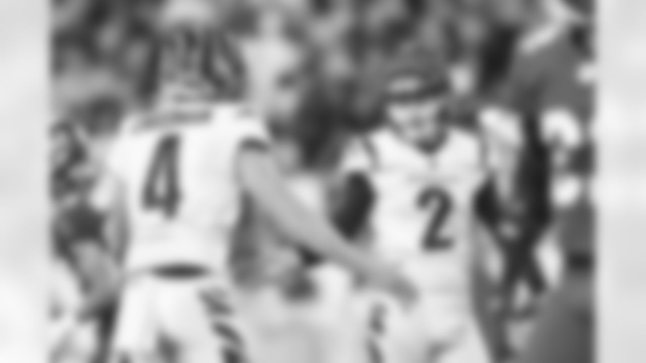 K Evan McPherson (right) high-fives P Drue Chrisman after making a field goal during the second quarter of the Bengals-Buccaneers game in Week 15 at Raymond James Stadium in Tampa Bay, Florida on Sunday, December 18 2022.