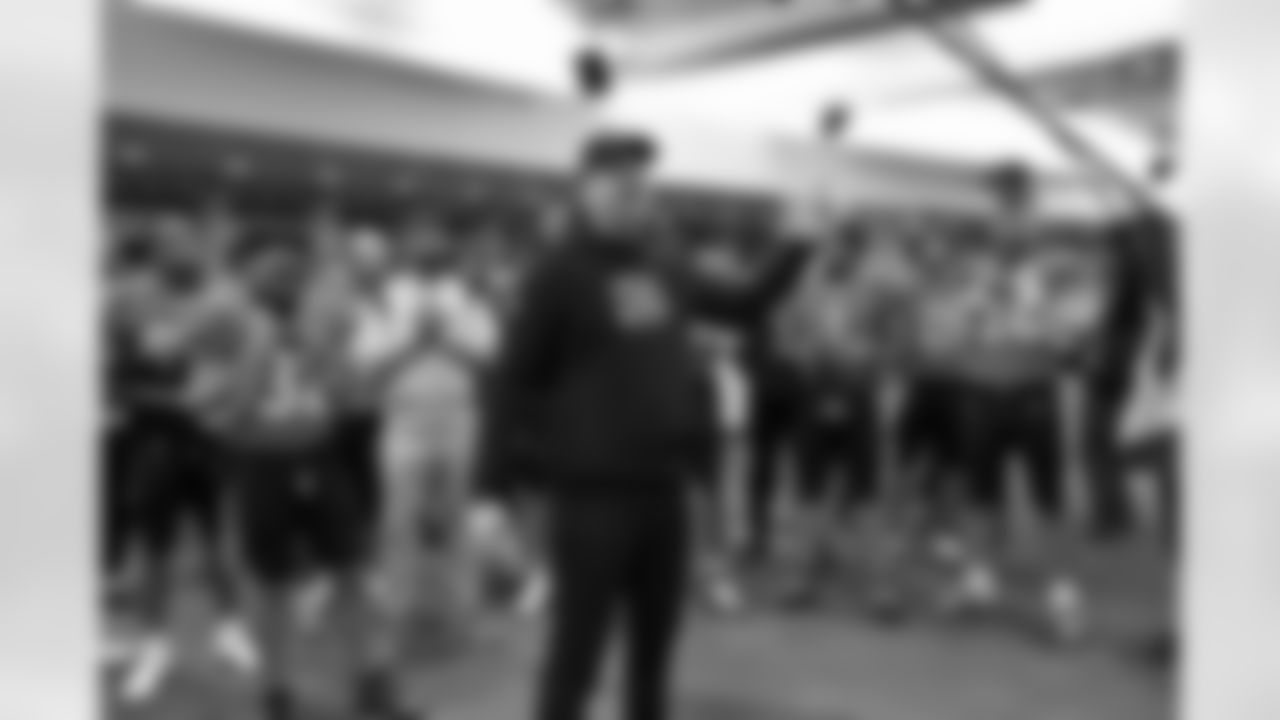 Head Coach Zac Taylor speaks to the team in the locker room after the Bengals beat the Chiefs 27-24 in Week 13 of the 2022 season at Paycor Stadium in Cincinnati, Ohio.