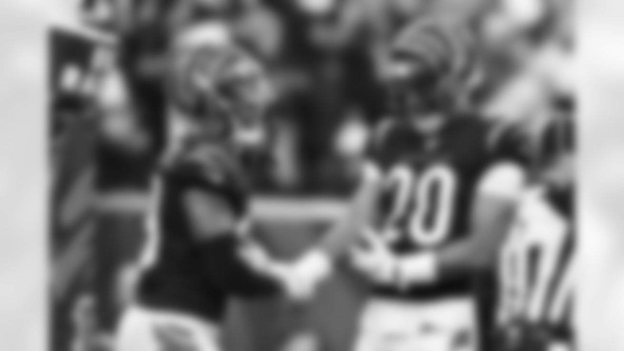 CB Cam Taylor-Britt (left) celebrates with CB Eli Apple during the fourth quarter of the Browns-Bengals game in Week 14 of the 2022 season at Paycor Stadium in Cincinnati, Ohio.