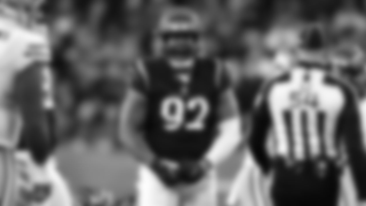 Defensive tackle B.J. Hill celebrates after making a tackle for loss against the San Francisco 49ers in the second quarter.
