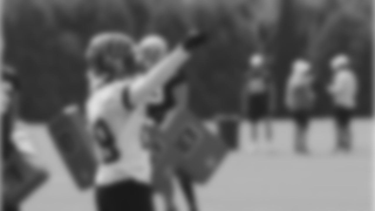CB Tony McRae pointing to the coaches after making a play during a special teams drill.