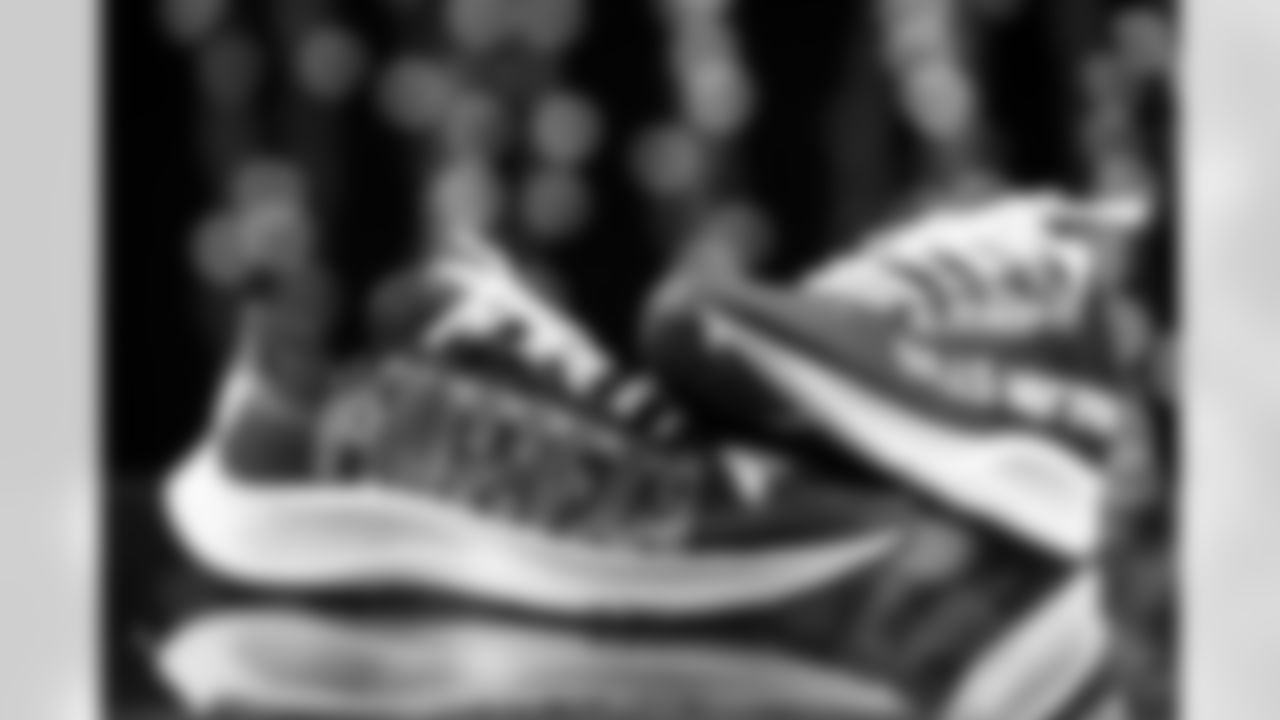 Brandon Beane's cleats in support of Bills Muttfia. The Buffalo Bills My Cause My Cleats studio session on December 2, 2021. Photo by Ben Green