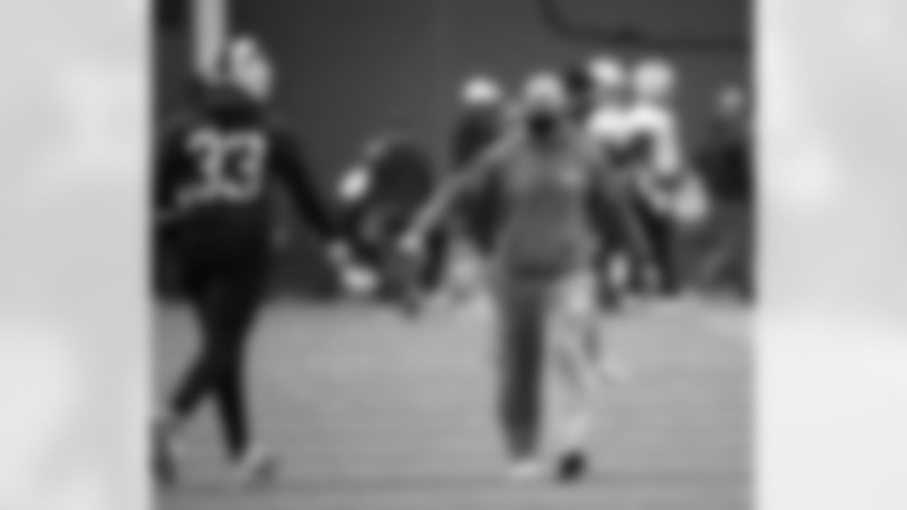 Sean McDermott and Siran Neal (33). Buffalo Bills AFC Championship practice - Wednesday, January 20, 2021. Photo by Bill Wippert