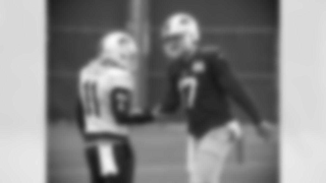 Cole Beasley (11) and Josh Allen (17) handshake. Buffalo Bills Week 12 practice, November 24, 2020.
Photo by Bill Wippert