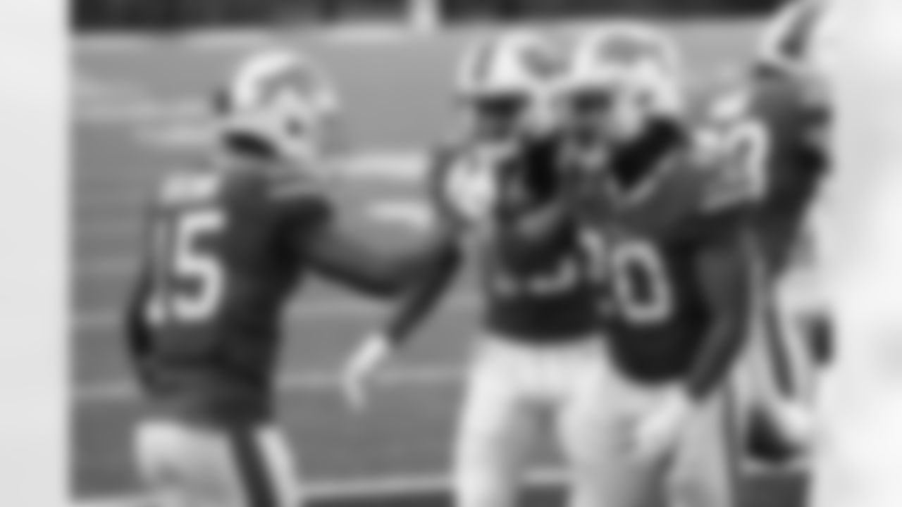 John Brown (15) celebrates with Zack Moss (20) Buffalo Bills vs Miami Dolphins at Bills Stadium on January 3, 2021.
Photo by Craig Melvin