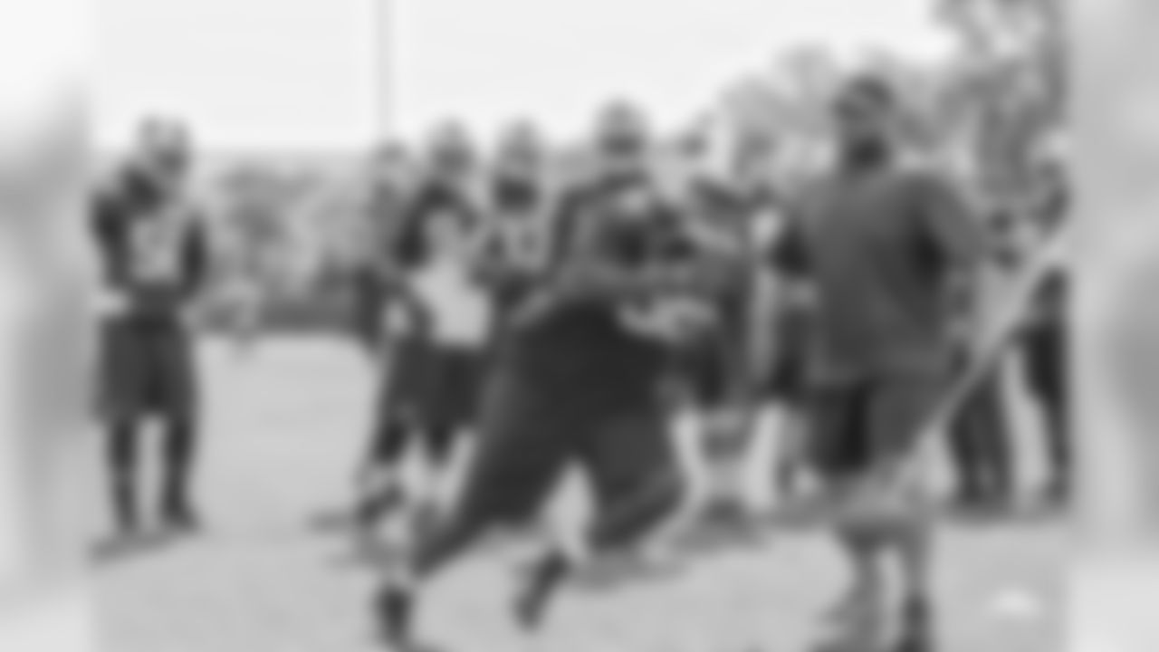 Bills defensive tackle Marcell Dareus running drills with defensive line coach Jason Rebrovich, during Week 2 of OTAs.