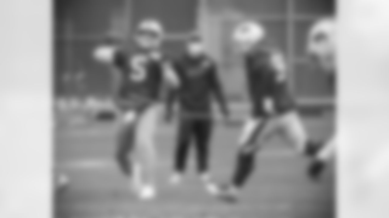 Matt Barkley (5), Harrison Phillips (99). Buffalo Bills Week 12 practice, November 24, 2020.
Photo by Bill Wippert