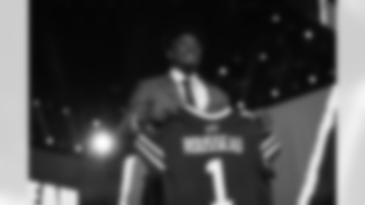 Miami Hurricanes defensive end Gregory Rousseau poses after being drafted by the Buffalo Bills during the 2021 NFL Draft on Thursday, April 29, 2021 in Cleveland, Ohio. (Aaron Doster/NFL)