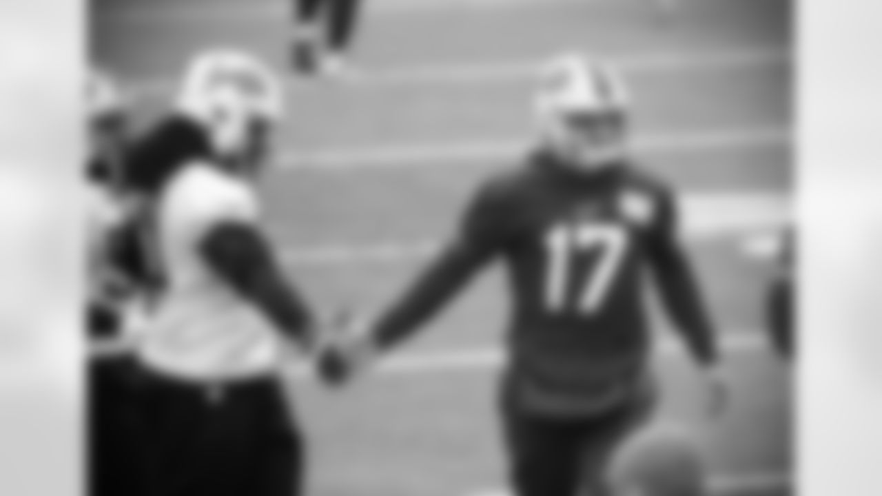 Brandin Bryant (74), Josh Allen (17). Buffalo Bills Week 17 practice, January 1, 2021.
Photo by Bill Wippert