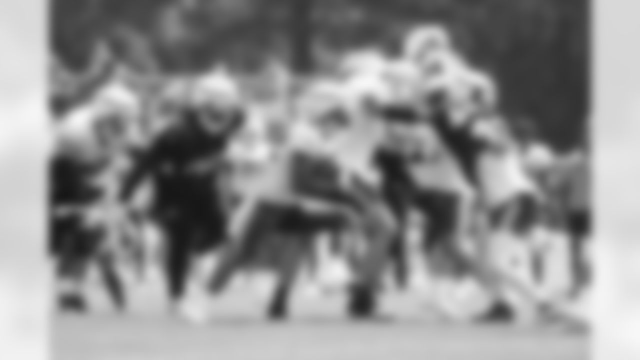 Damien Harris (22), Poona Ford (98). Buffalo Bills Training Camp at St. John Fisher University, August 3, 2023.