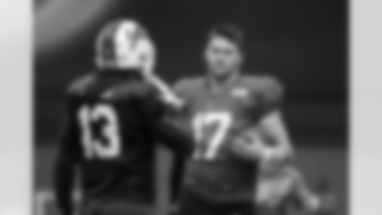 Gabe Davis (13), Josh Allen (17). Buffalo Bills Week 11 practice, November 16, 2022 at One Bills Drive.