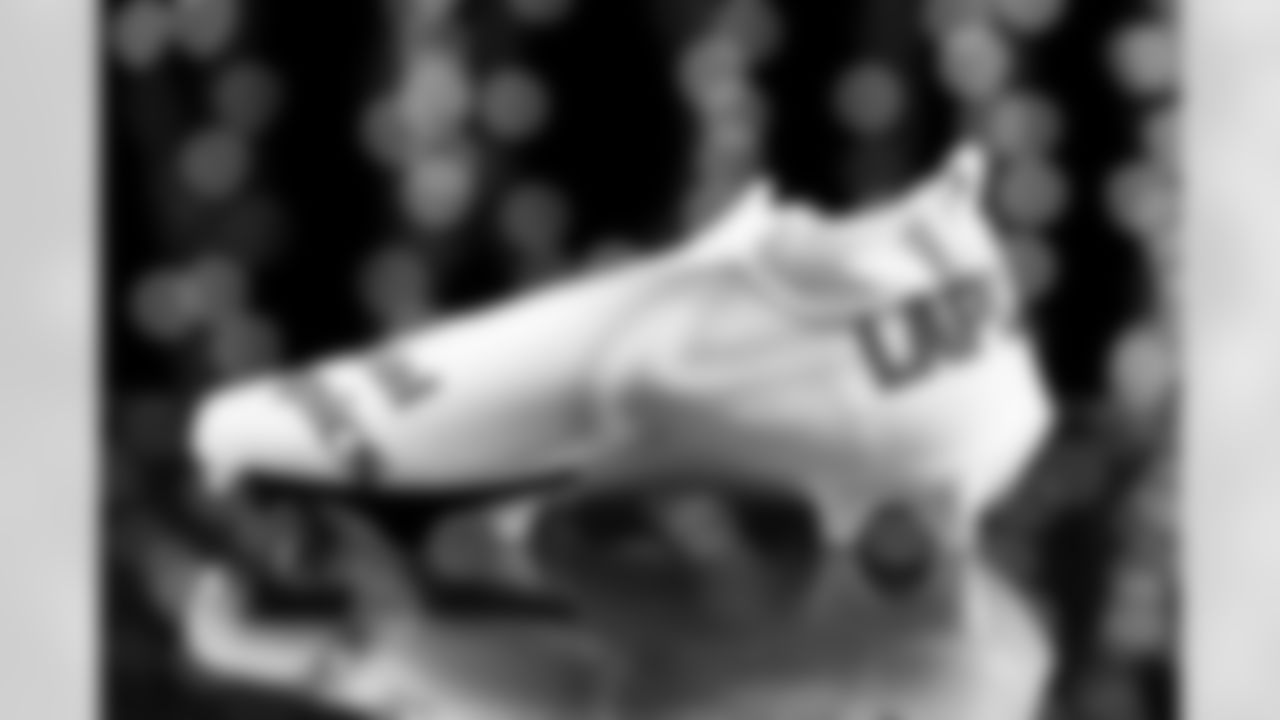 Davis Webb's cleats in support of the Special Olympics. The Buffalo Bills My Cause My Cleats studio session on December 2, 2021. Photo by Ben Green