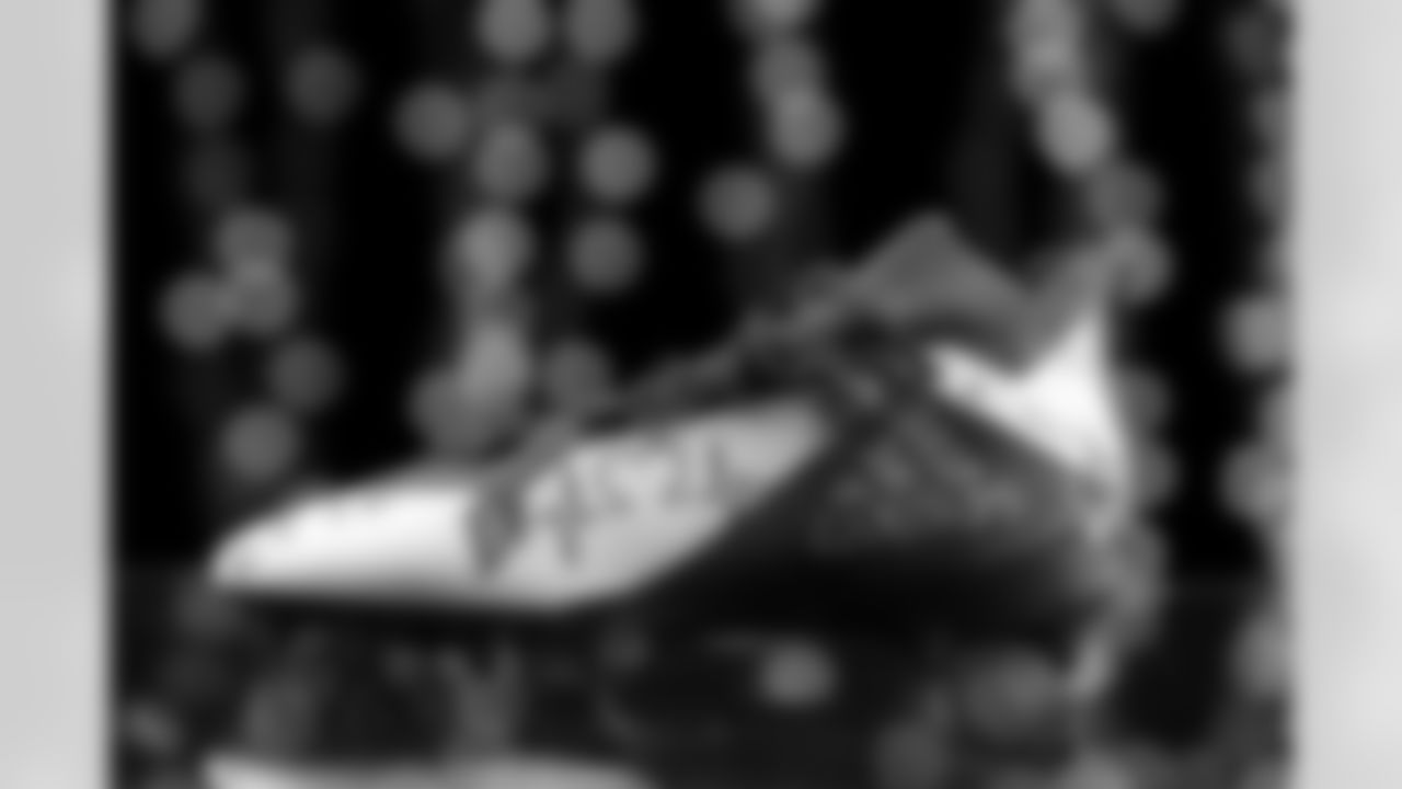 Gregory Rousseau's cleats in support of the Kaleida Health Foundation. The Buffalo Bills My Cause My Cleats studio session on December 2, 2021. Photo by Ben Green