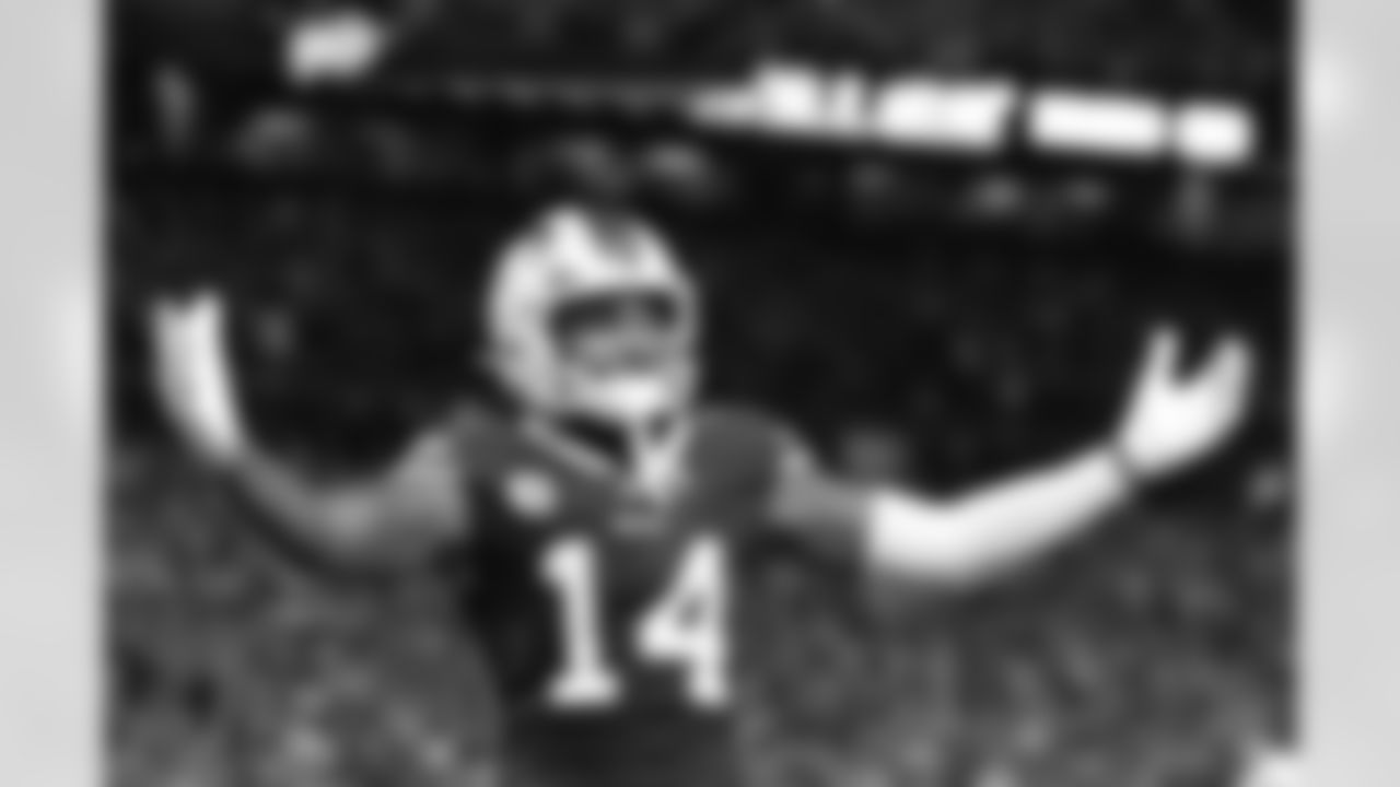 Stefon Diggs (14) celebrates his second touchdown. Buffalo Bills vs Tennessee Titans, Monday Night Football, Week 2, September 19, 2022 at Highmark Stadium.