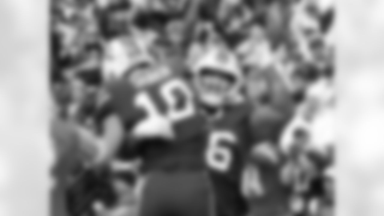 Khalil Shakir (10) touchdown celebration with Rodger Saffold (76). Buffalo Bills vs Pittsburgh Steelers, Week 5, October 9, 2022 at Highmark Stadium.
