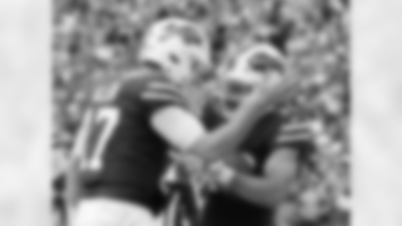 Khalil Shakir (10) touchdown celebration with Josh Allen (17). Buffalo Bills vs Pittsburgh Steelers, Week 5, October 9, 2022 at Highmark Stadium.