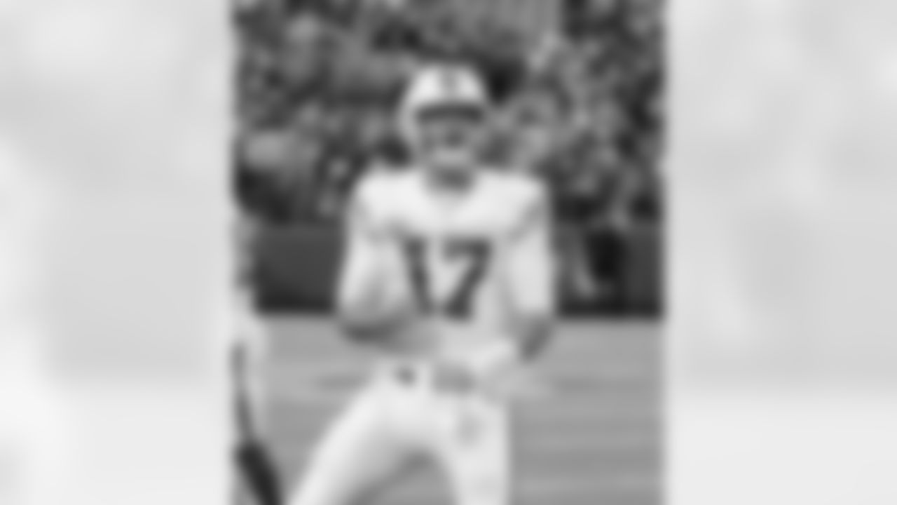 Josh Allen (17) 4th quarter celebration. Buffalo Bills vs Miami Dolphins at Highmark Stadium, October 31, 2021. Photo by Bill Wippert
