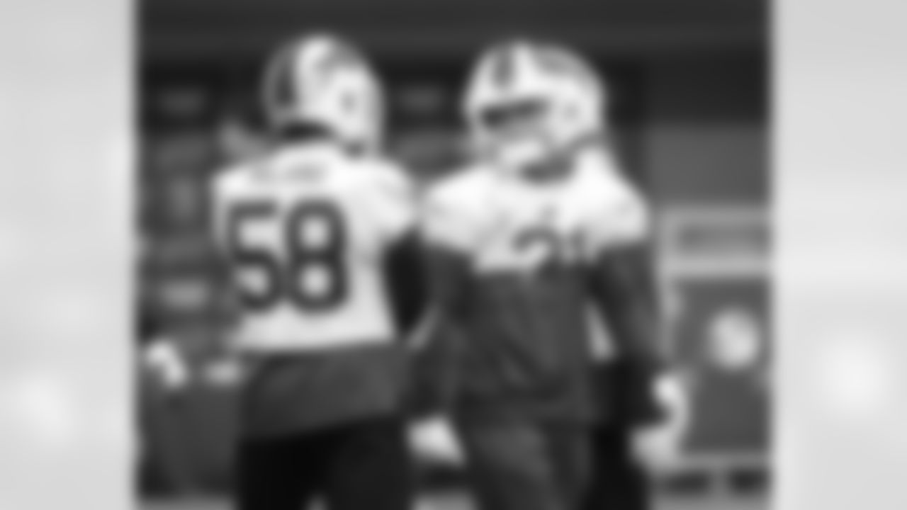 Matt Milano (58), Jordan Poyer (21). Buffalo Bills Wild Card Week practice, January 12, 2022. Photo by Bill Wippert
