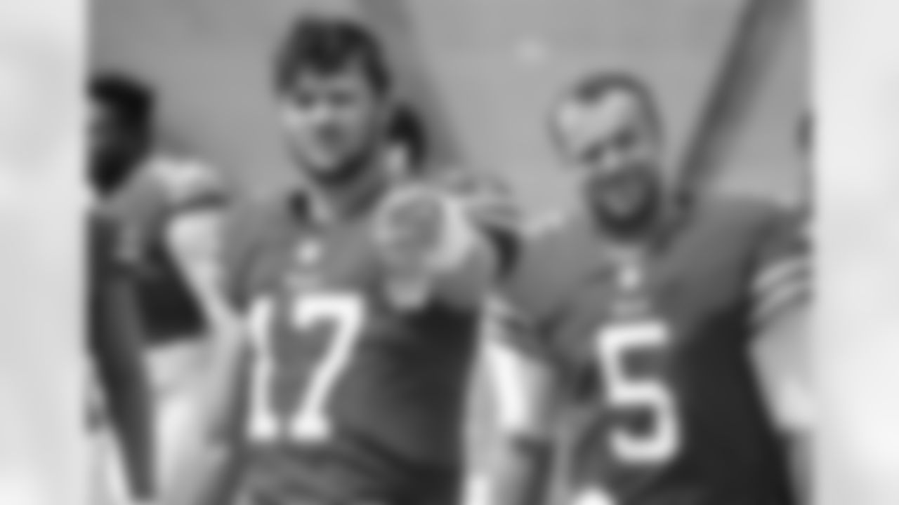 Josh Allen (17) and Matt Barkley (5) Buffalo Bills Training Camp scrimmage at Bills Stadium, August 27, 2020.
Photo by Sara Schmidle