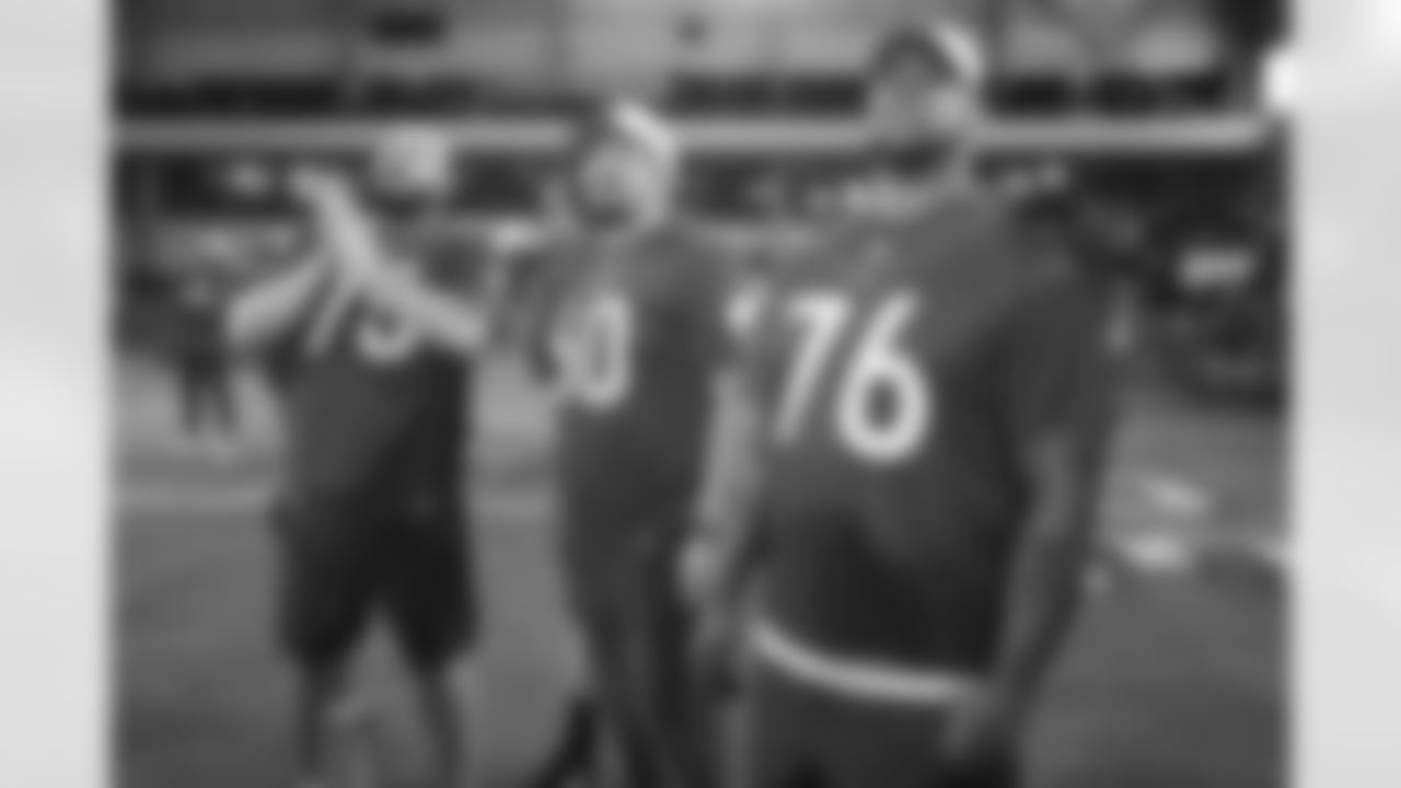 Cleveland Browns guard Joel Bitonio (75), Tennessee Titans center Ben Jones (60) and Buffalo Bills guard Rodger Saffold (76) look on prior to the 2023 Pro Bowl Skills Showdown on Thursday, February 2, 2023 in Henderson, Nevada. (Ben Liebenberg/NFL)