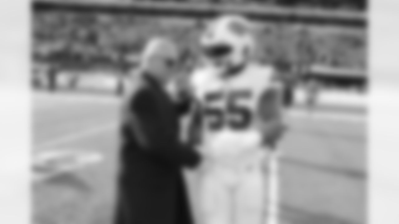Terry Pegula and Jerry Hughes (55). Buffalo Bills vs New York Jets at MetLife Stadium, November 14, 2021. Photo by Bill Wippert