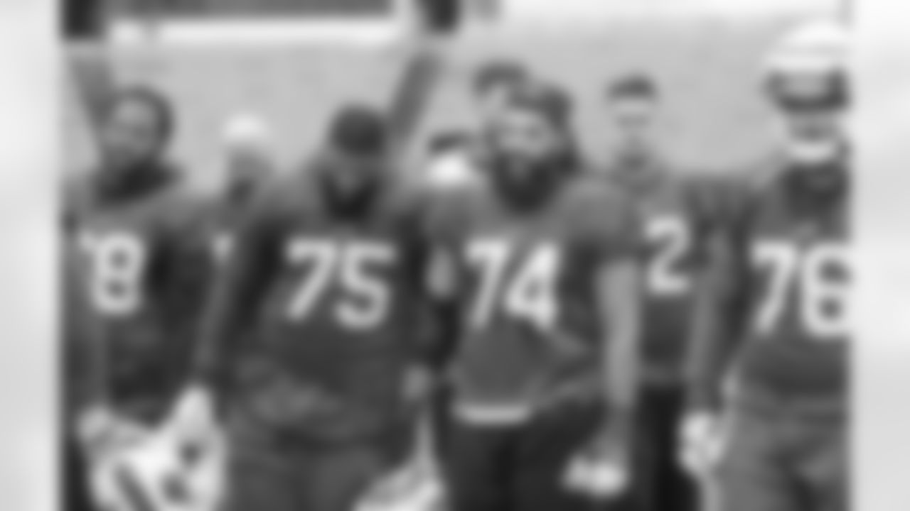 Bobby Hart (68), Daryl Williams (75), Cody Ford (74), Tommy Doyle (72), Jon Feliciano (76). Buffalo Bills Week 17 practice, December 30, 2021. Photo by Bill Wippert