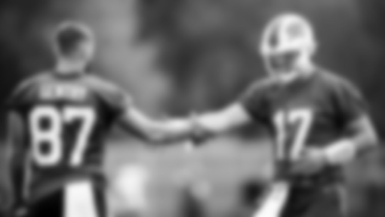 Tanner Gentry (87) and Josh Allen (17). Buffalo Bills Week 3 practice, September 23, 2021. Photo by Ben Green