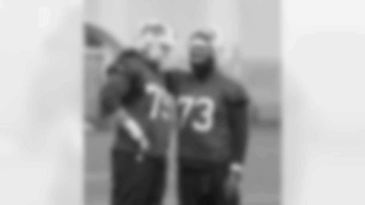Spencer Brown (79), Dion Dawkins (73). Buffalo Bills Week 13 practice, December 3, 2021. Photo by Bill Wippert