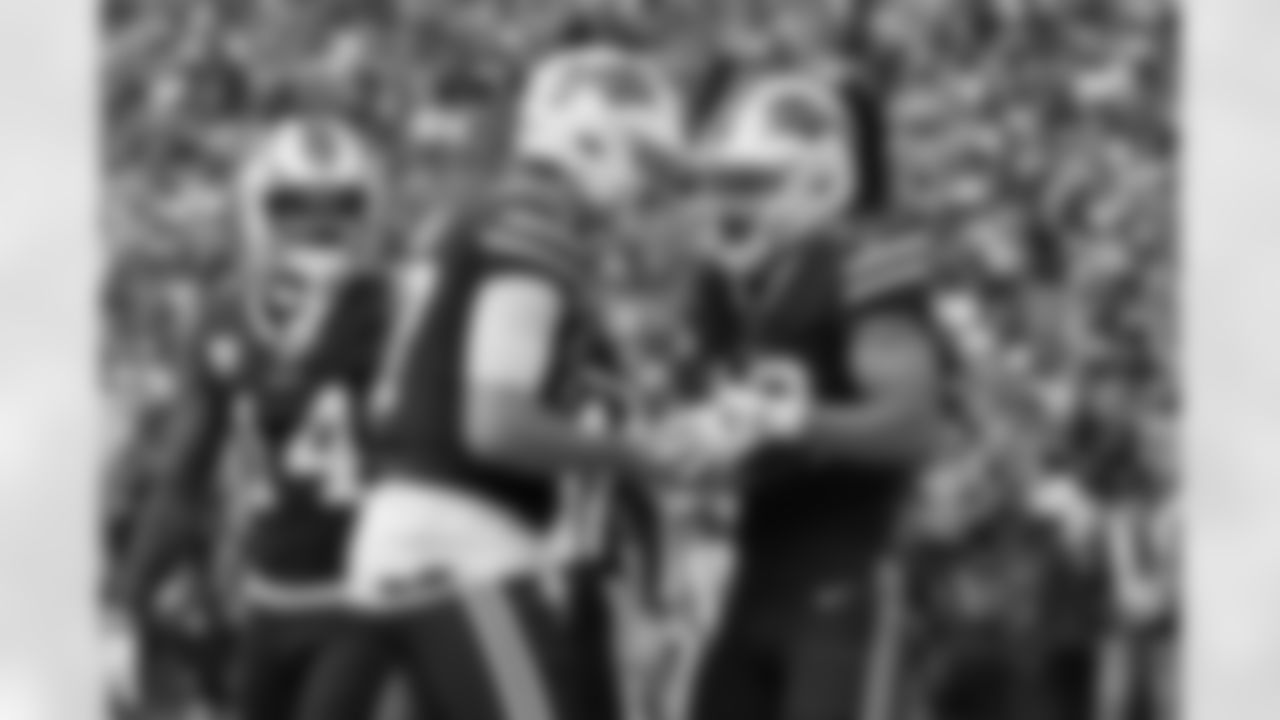 Khalil Shakir (10) touchdown celebration with Josh Allen (17). Buffalo Bills vs Pittsburgh Steelers, Week 5, October 9, 2022 at Highmark Stadium.