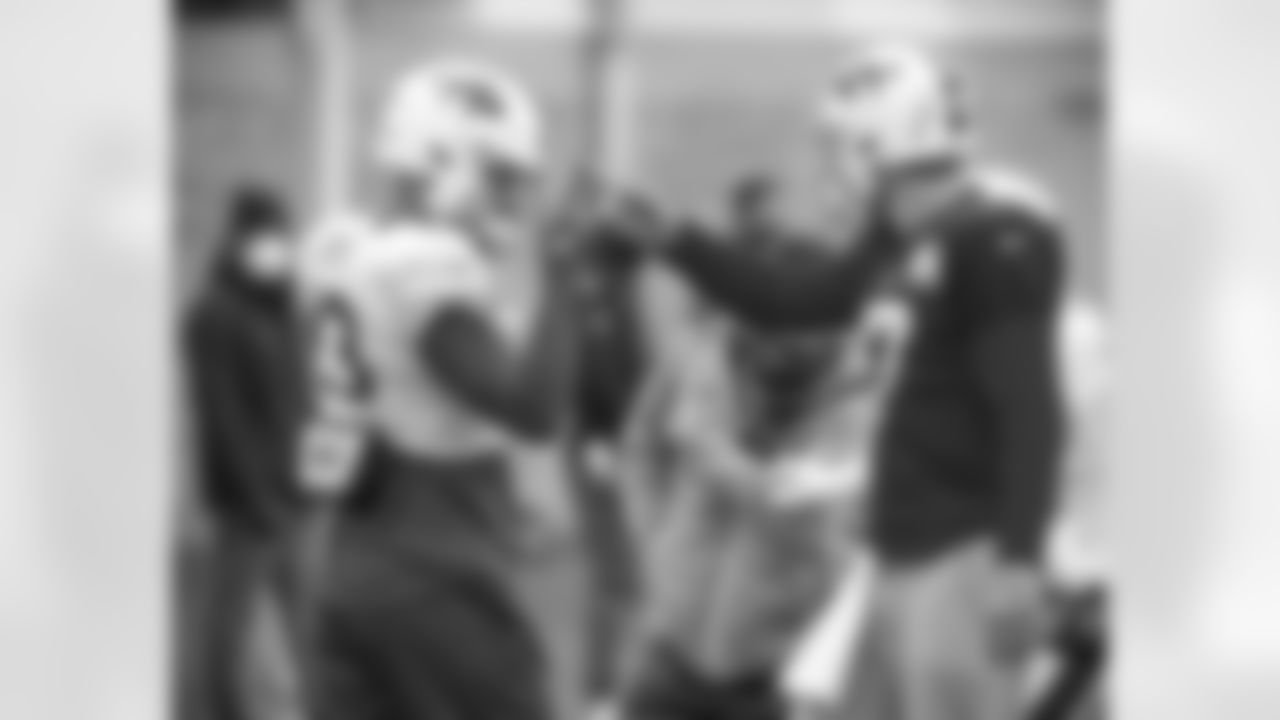Gabriel Davis (13) and Josh Allen (17) handshake. Buffalo Bills Week 12 practice, November 24, 2020.
Photo by Bill Wippert