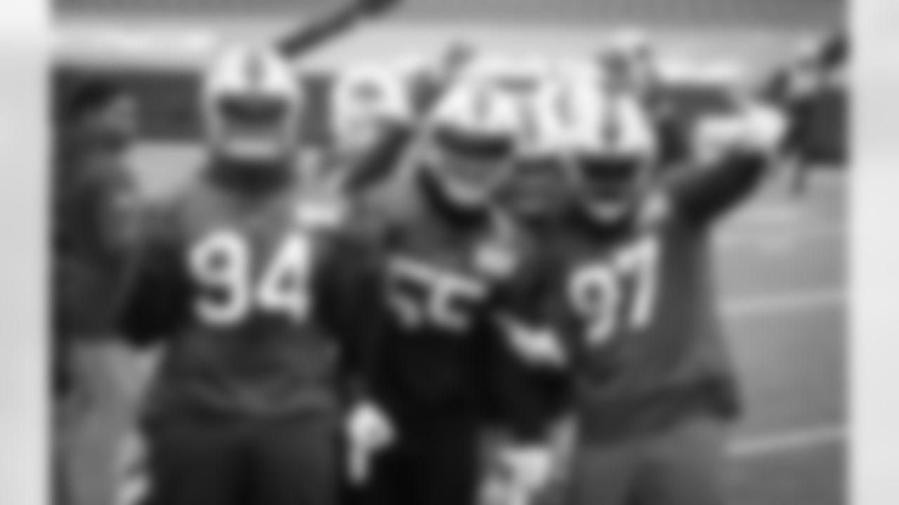 Vernon Butler (94), Jerry Hughes (55), Trent Murphy (93), and Mario Addison (97) Buffalo Bills Week 12 practice, November 27, 2020. Photo by Sara Schmidle