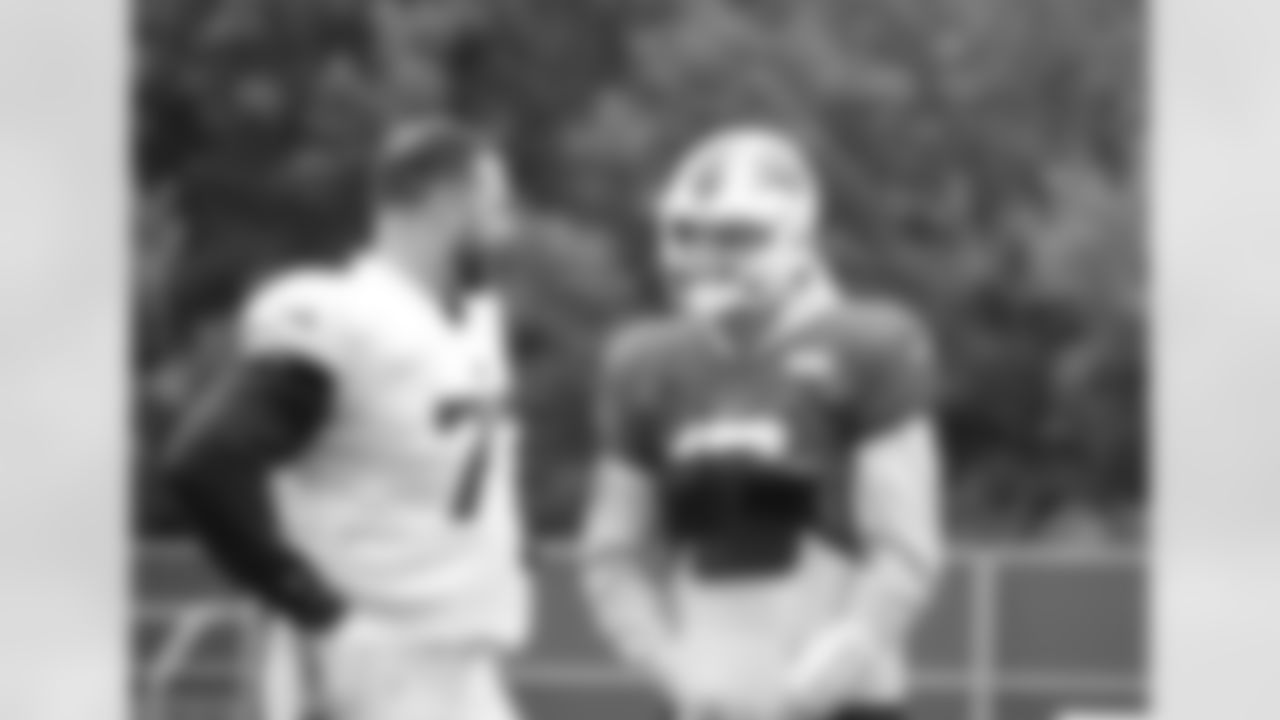 David Quessenberry (77), Josh Allen (17). Buffalo Bills Week 4 practice, September 28, 2022 at One Bills Drive.
