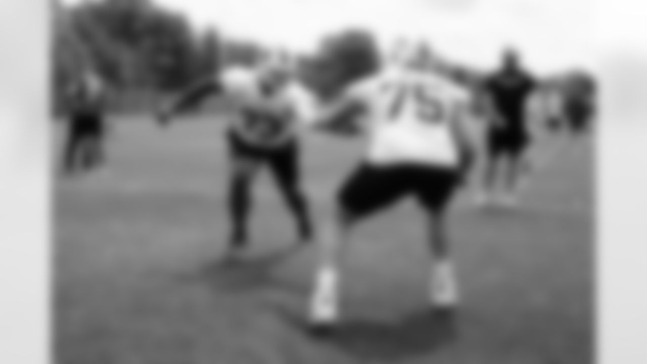 Dion Dawkins (73) and Tanner Owen (75). Week Three of Buffalo Bills OTA's on June 6, 2022. Photo by Ben Green