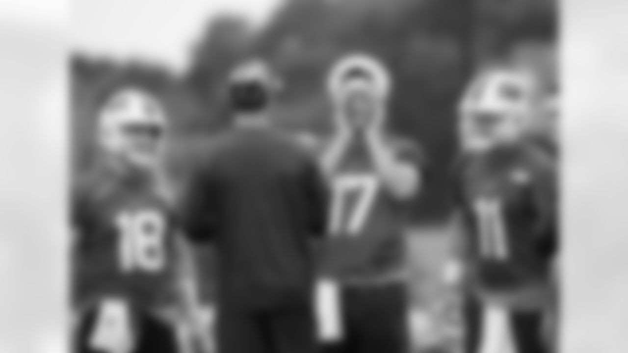Case Keenum (18), Ken Dorsey, Josh Allen (17), Matt Barkley (11). Buffalo Bills open Training Camp at St. John Fisher, July 24, 2022. Photo by Bill Wippert