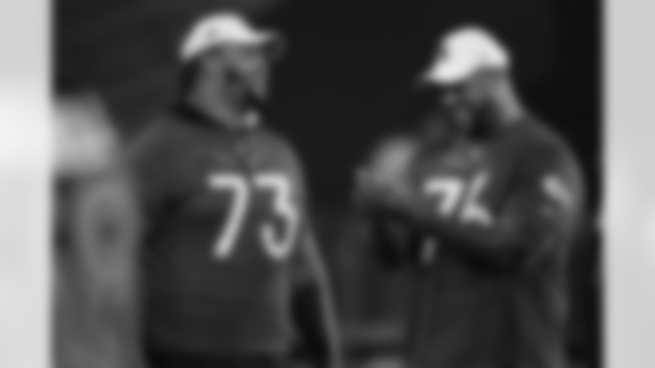 Dion Dawkins (73) and Rodger Saffold (76) during the 2023 Pro Bowl Skills Showdown on Thursday, February 2, 2023 in Henderson, Nevada.