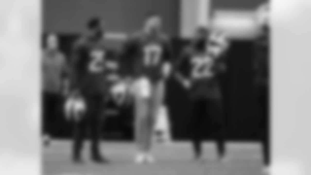 Taiwan Jones (25), Josh Allen (17), Matt Breida (22). Buffalo Bills Wild Card Week practice, January 12, 2022. Photo by Bill Wippert