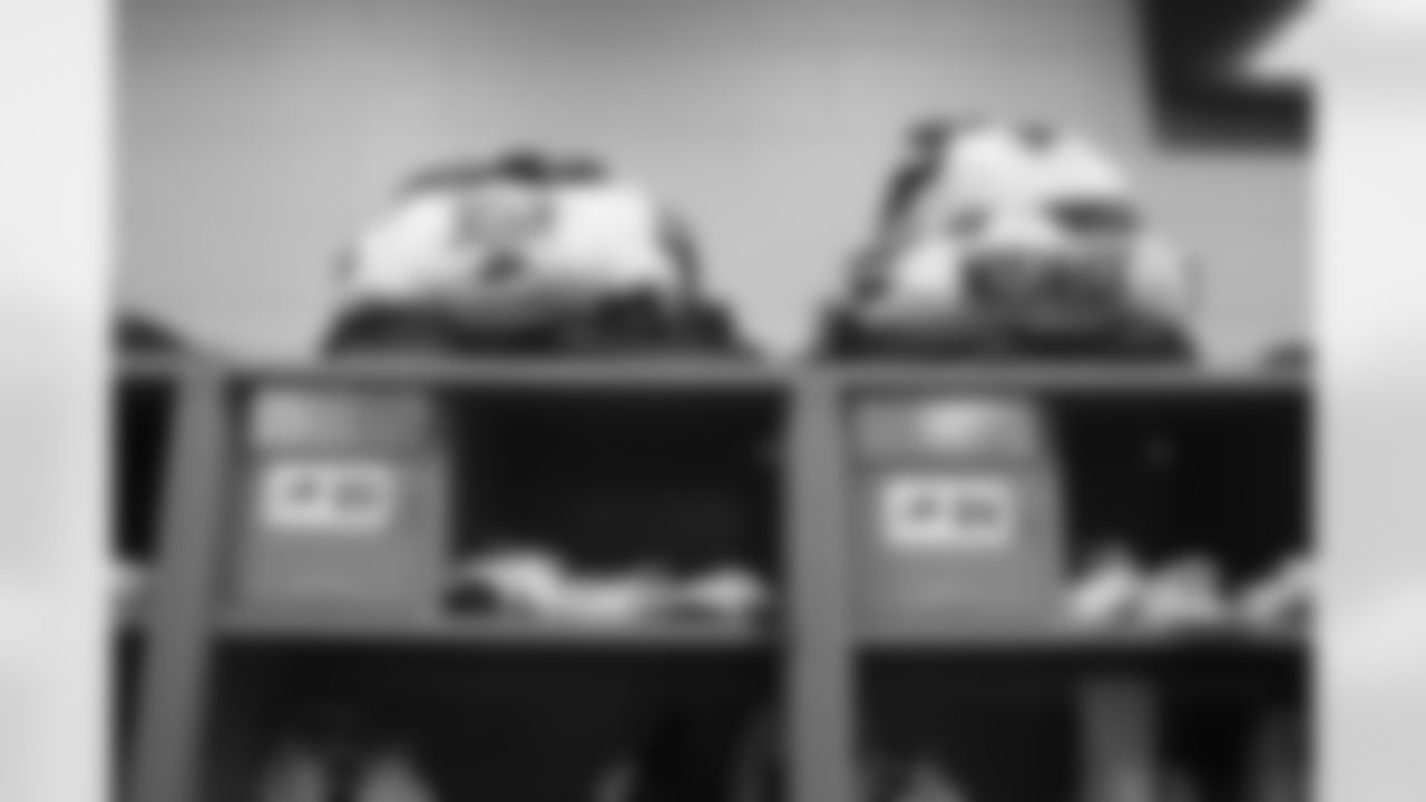 Micah Hyde (23) and Taron Johnson (24). Locker Room photos. Buffalo Bills vs New York Jets at MetLife Stadium, November 14, 2021. Photo by Bill Wippert