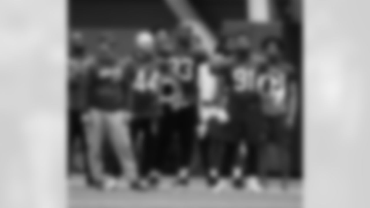 John Butler, Tyler Matakevich (44), Efe Obada (93), Ed Oliver (91), Jerry Hughes (55). Buffalo Bills Divisional Playoff Week practice, January 19, 2022. Photo by Bill Wippert