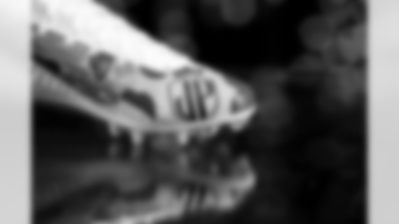 Jordan Poyer's cleats in support of the ECMC Foundation. The Buffalo Bills My Cause My Cleats studio session on December 2, 2021. Photo by Ben Green